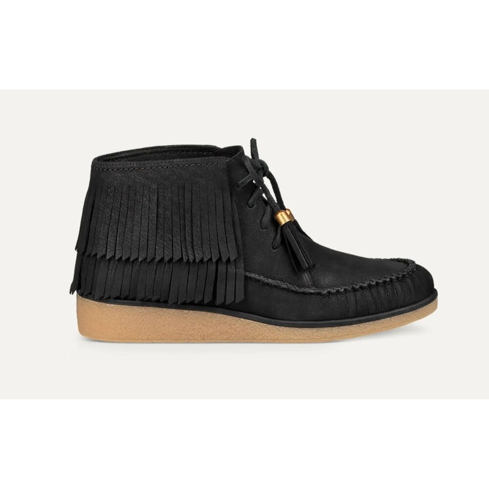 UGG Caleb Black Fringe Nubuck Slip on Leather Booties Boho Moccasins Size 8